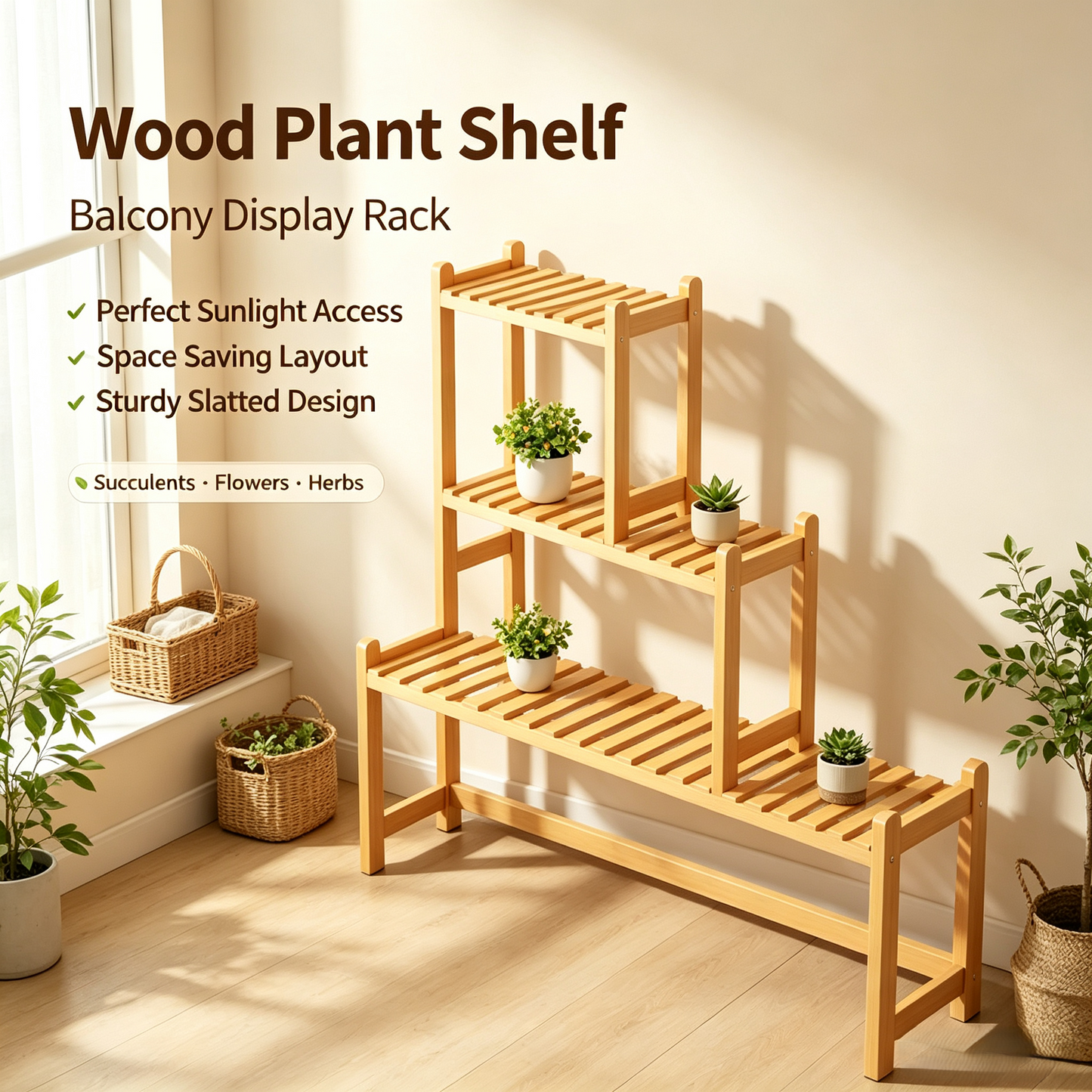 3‑Tier Bamboo Plant Stand, Staggered Plant Display Shelf