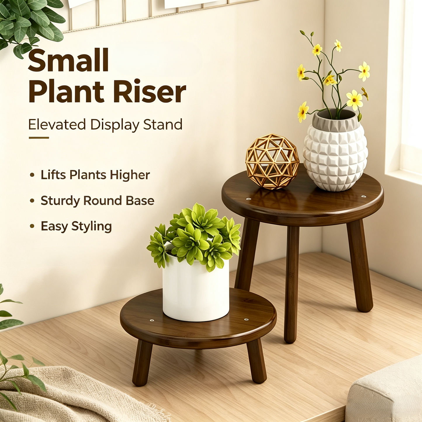 Bamboo Round Plant Riser, Small Elevated Flower Pot Stand