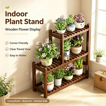 3‑Tier Bamboo Plant Stand, Staggered Plant Display Shelf
