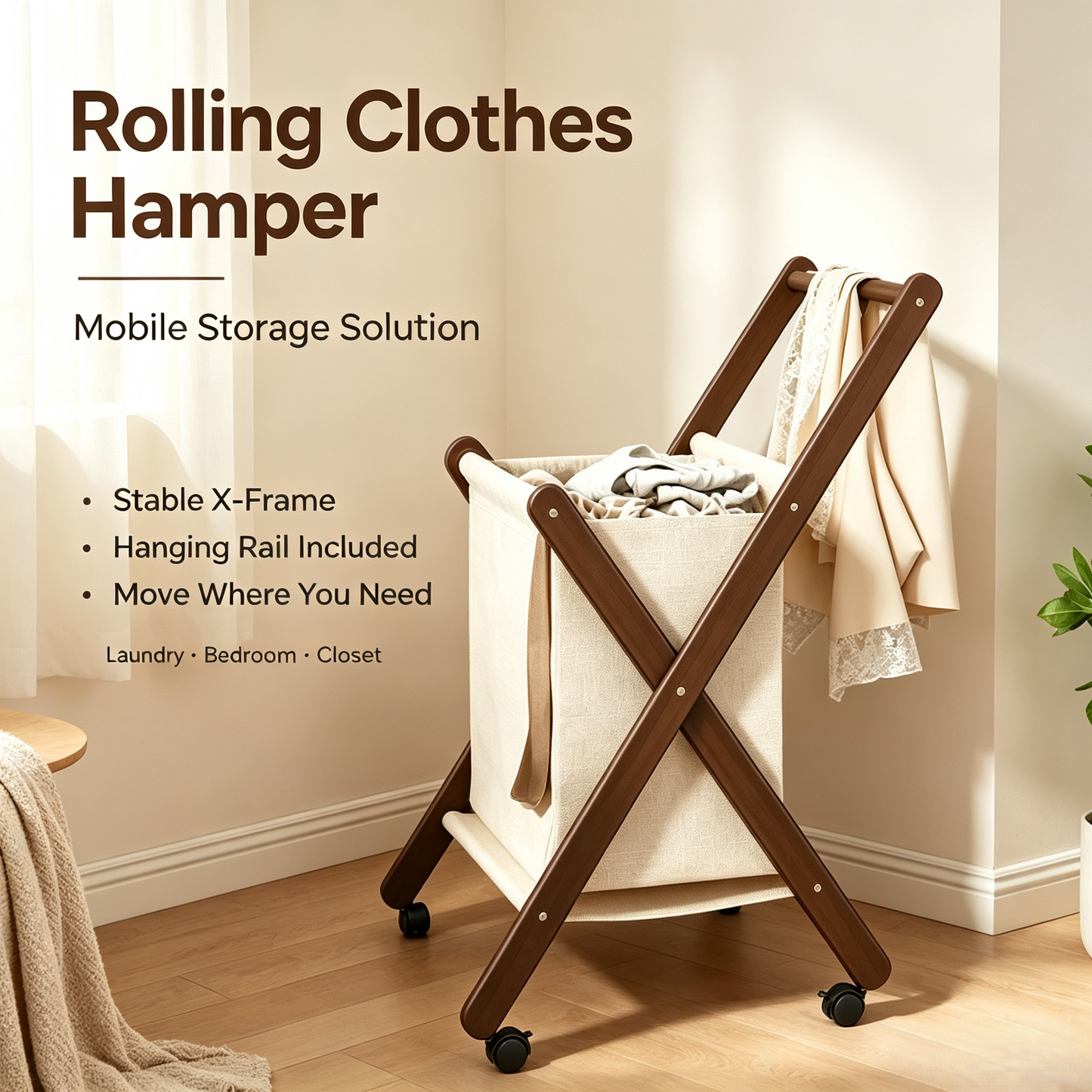Foldable Rolling Laundry Hamper with Hanging Rail