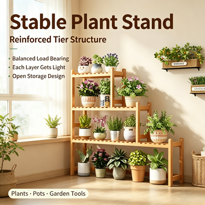 3‑Tier Bamboo Plant Stand, Staggered Plant Display Shelf