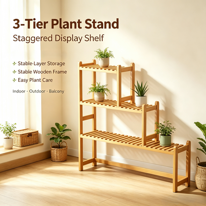 3‑Tier Bamboo Plant Stand, Staggered Plant Display Shelf